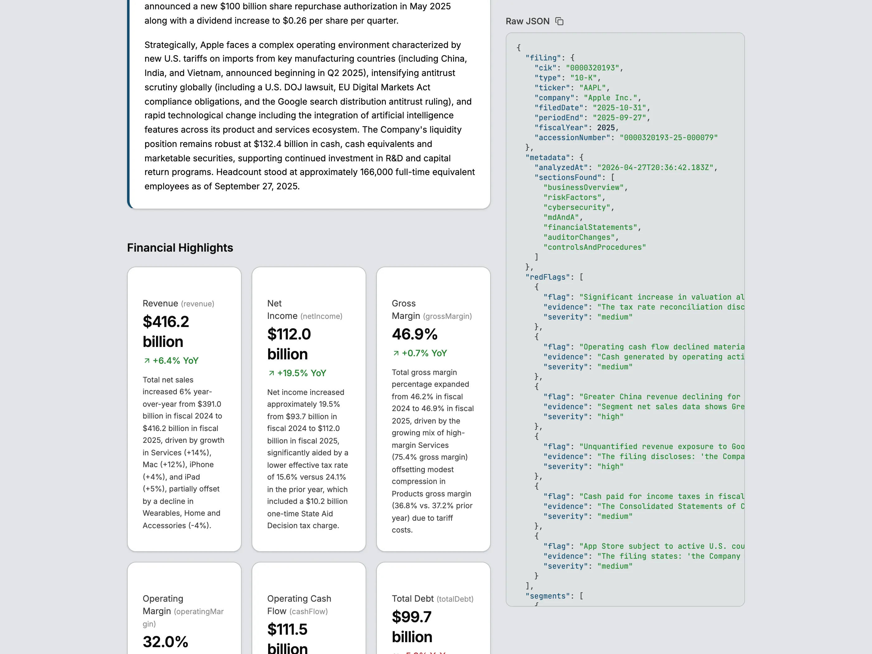 FinBrief's analysis-detail view: an AAPL 10-K rendered as an executive summary, financial highlights, and a structured JSON panel