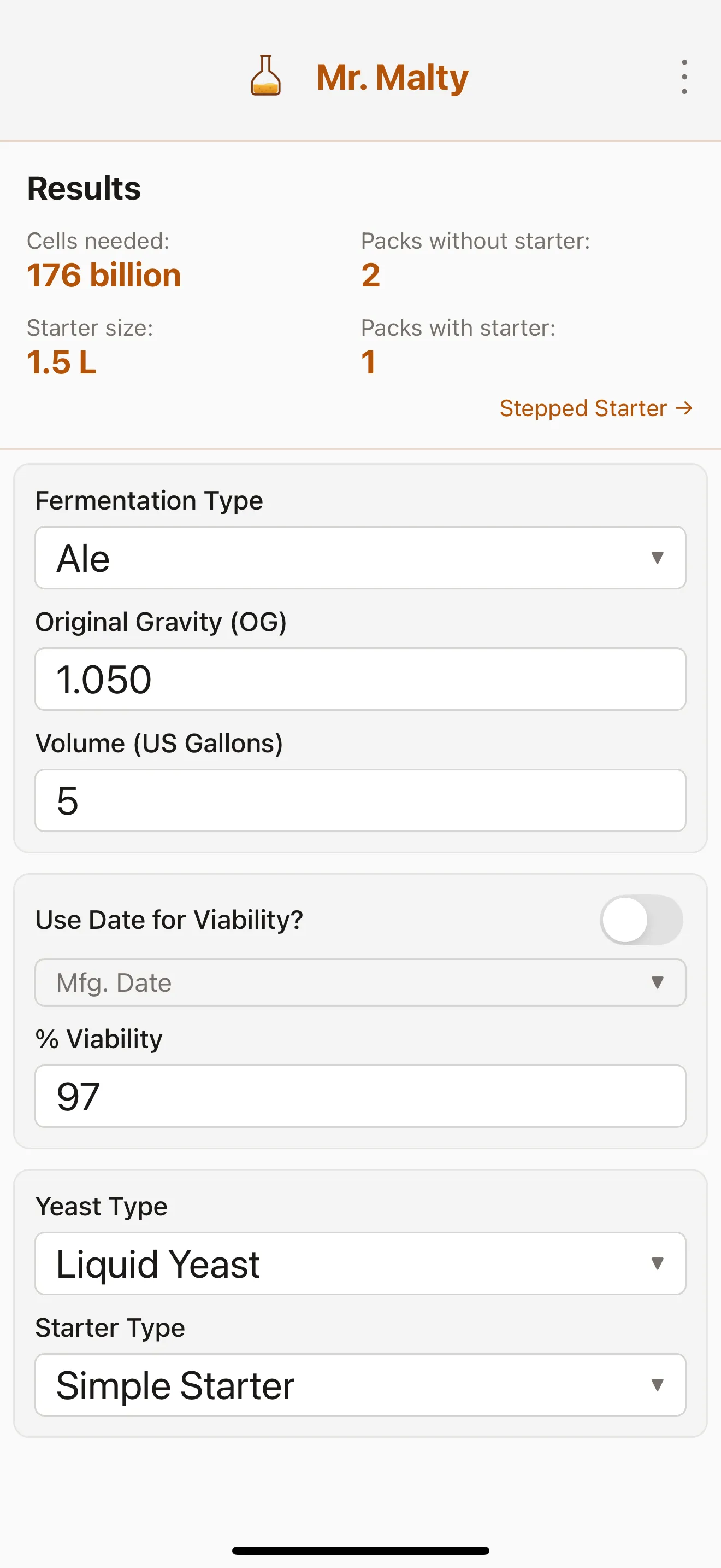 Mr. Malty's liquid-yeast pitch rate results screen