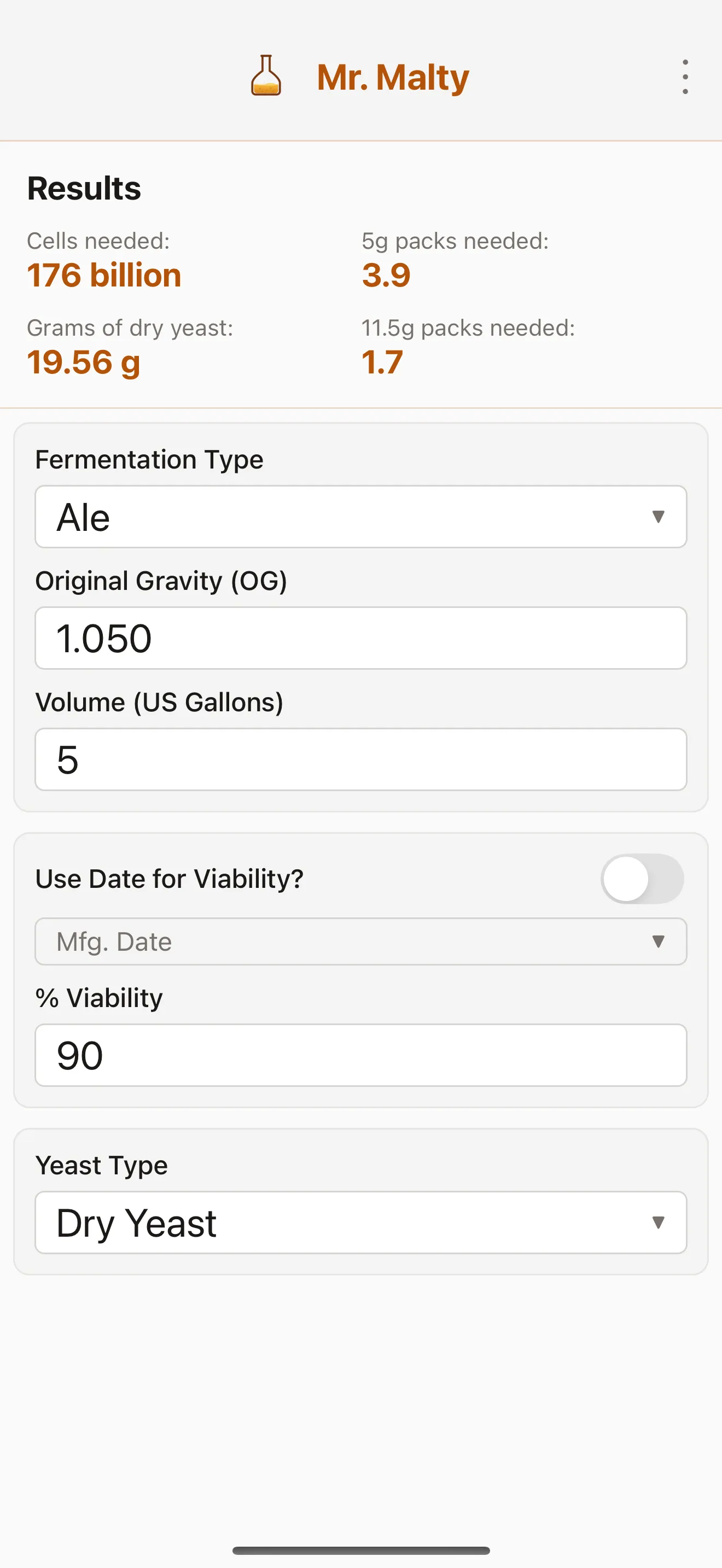 Mr. Malty's dry-yeast calculator screen