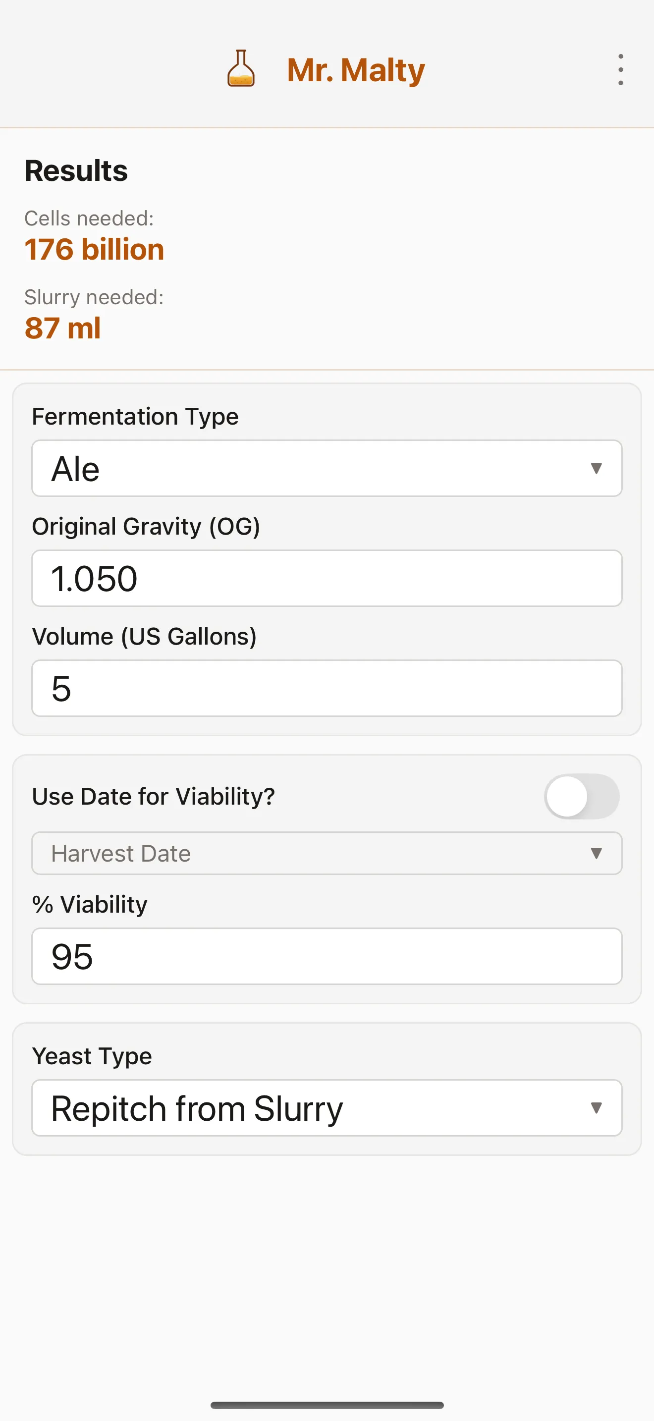 Mr. Malty's repitch slurry calculator screen